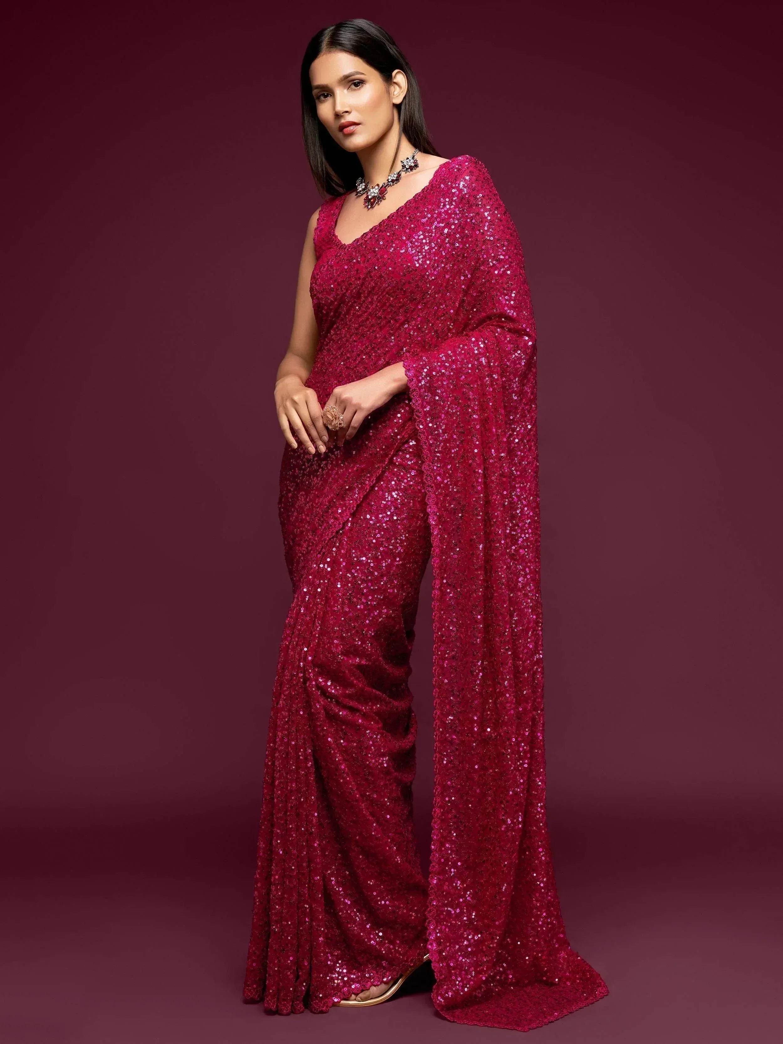 Tulsi Art Hot Pink Fully Sequined Georgette Party Wear Saree - Dista