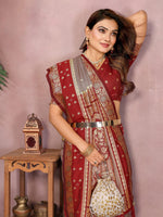 Thumbnail for Anaita Grey Handloom Kalamkari Silk Saree With Zari Woven Work - Distacart
