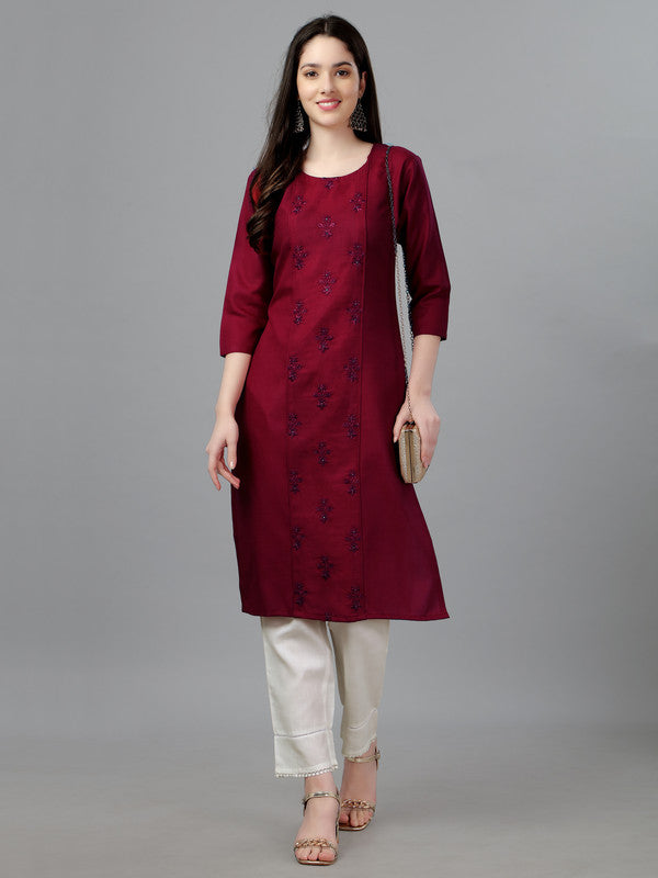 Malishka Women's Embroidered Straight Maroon Kurti - Distacart