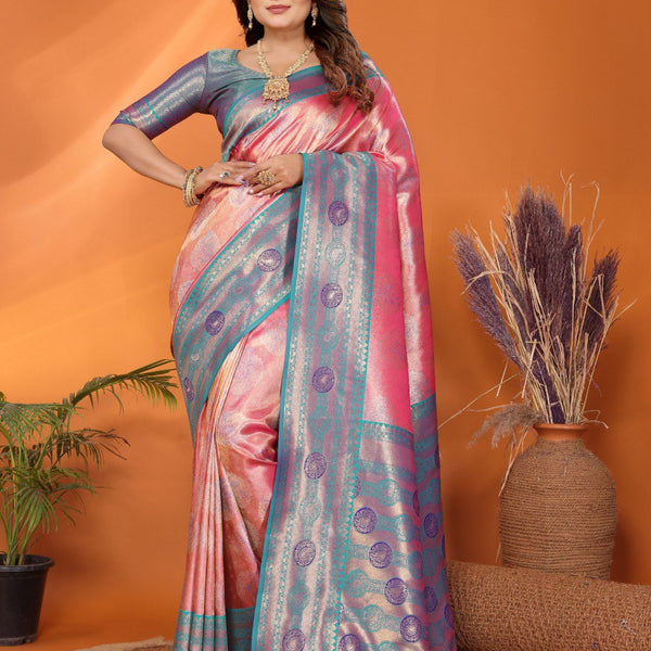 Anaita Pink Banarasi Tissue Silk Saree With Weaving Work - Distacart