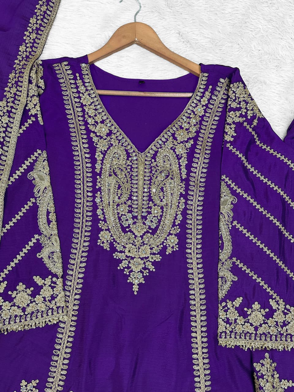 Anaita Violet Chinon Readymade Plazzo Suit With Embroidery Sequence Work