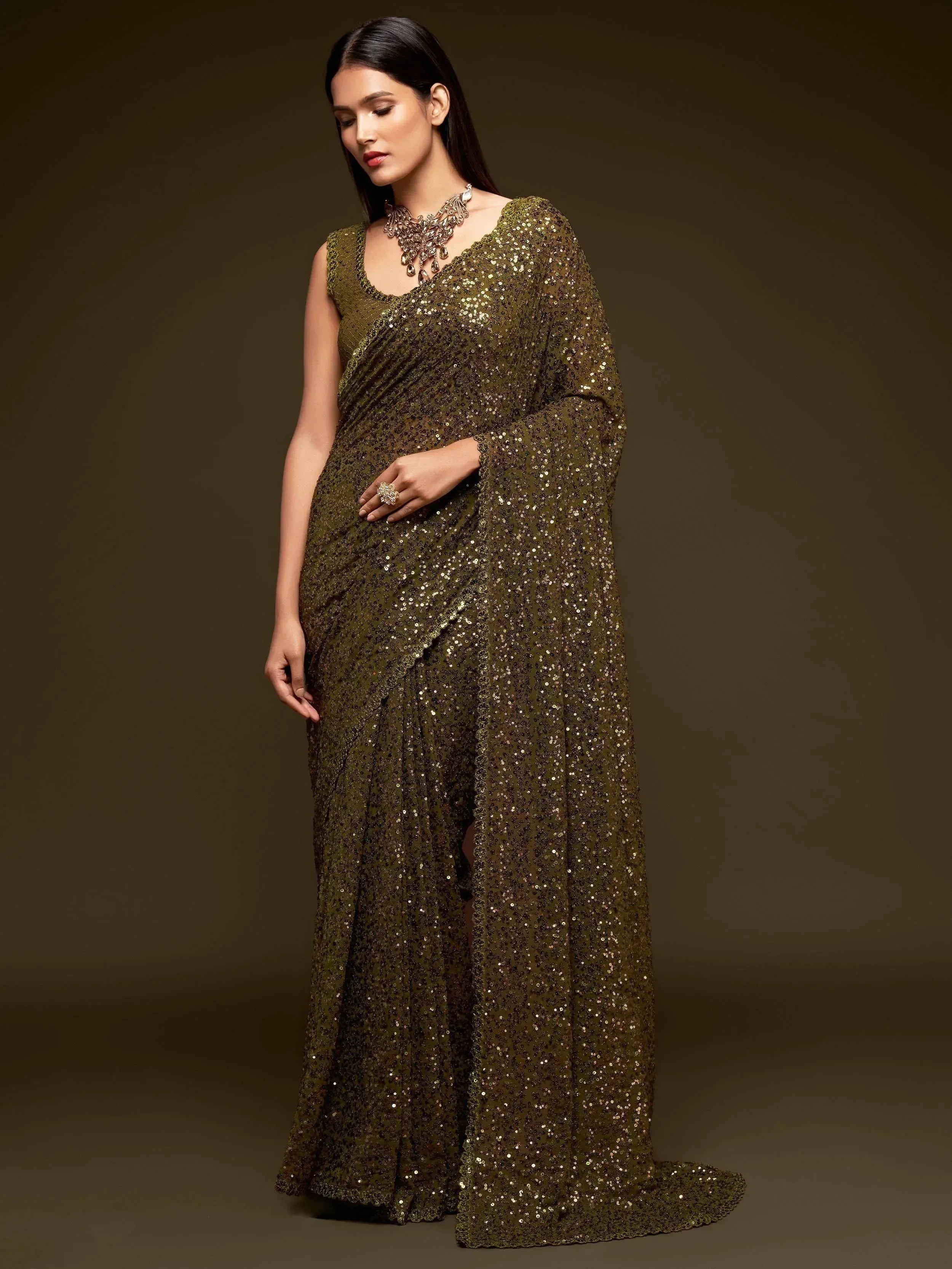 Tulsi Art Olive Green Fully Sequined Georgette Party Wear Saree - Dista