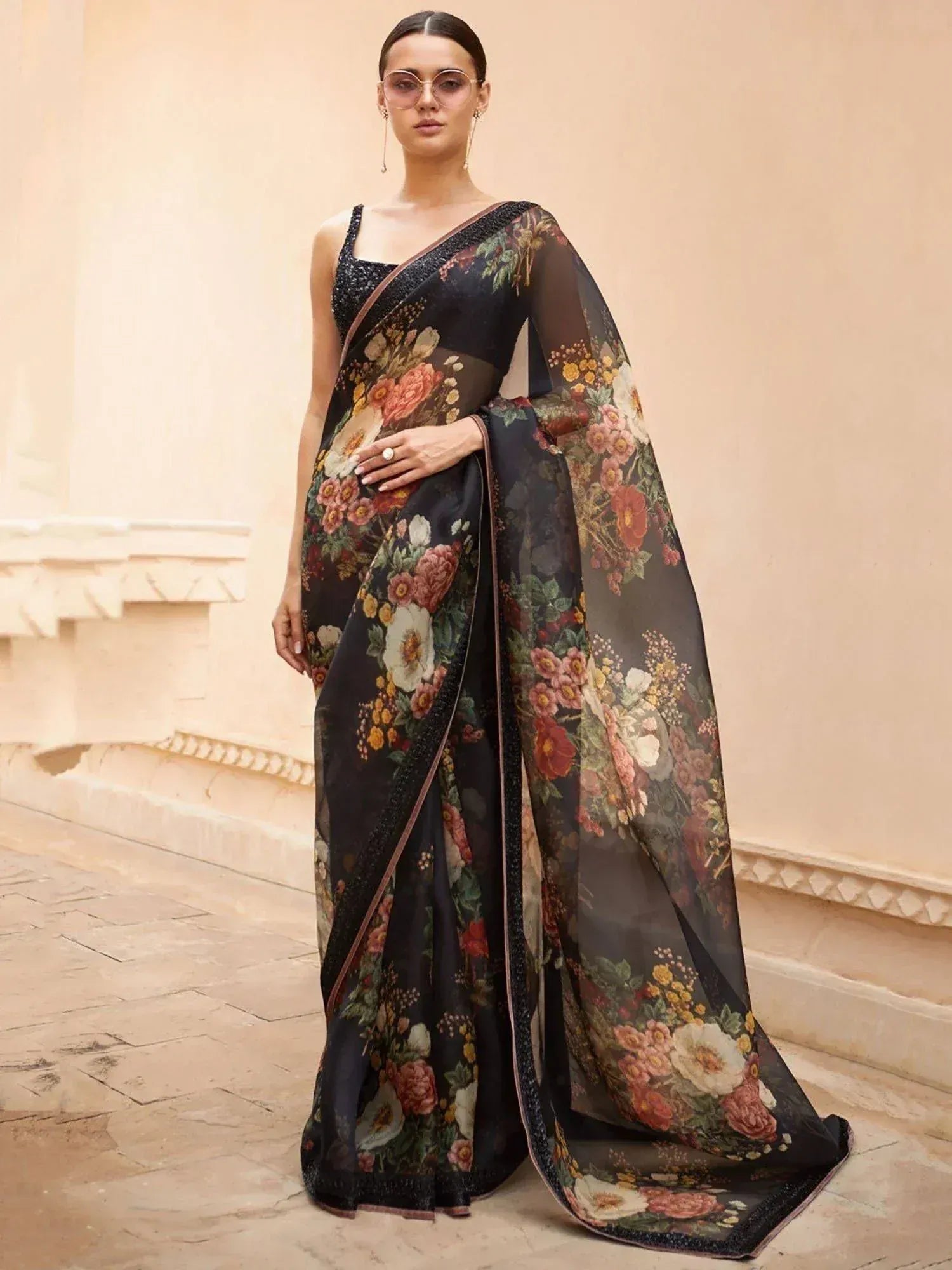 Tulsi Art Sabyasachi Black Floral Organza Party Wear Saree - Dista
