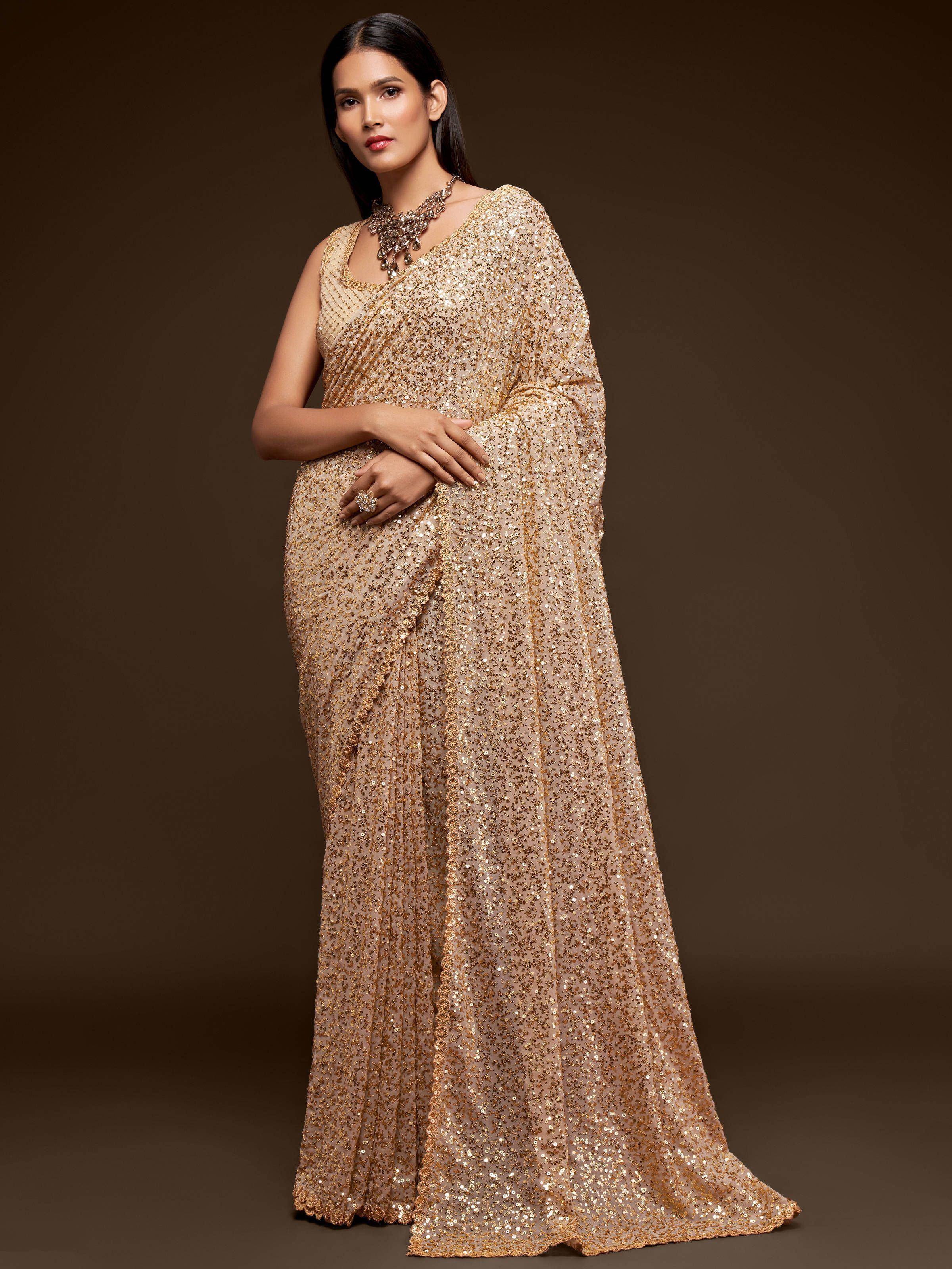 Tulsi Art Ivory Fully Sequined Georgette Party Wear Saree - Dista