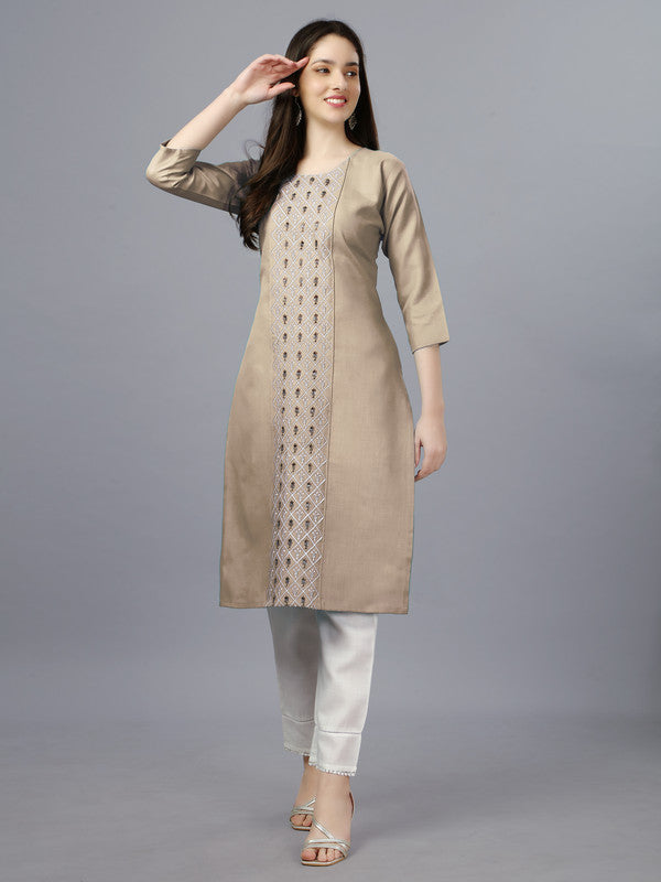 Malishka Women's Embroidered Straight Beige Kurti - Distacart