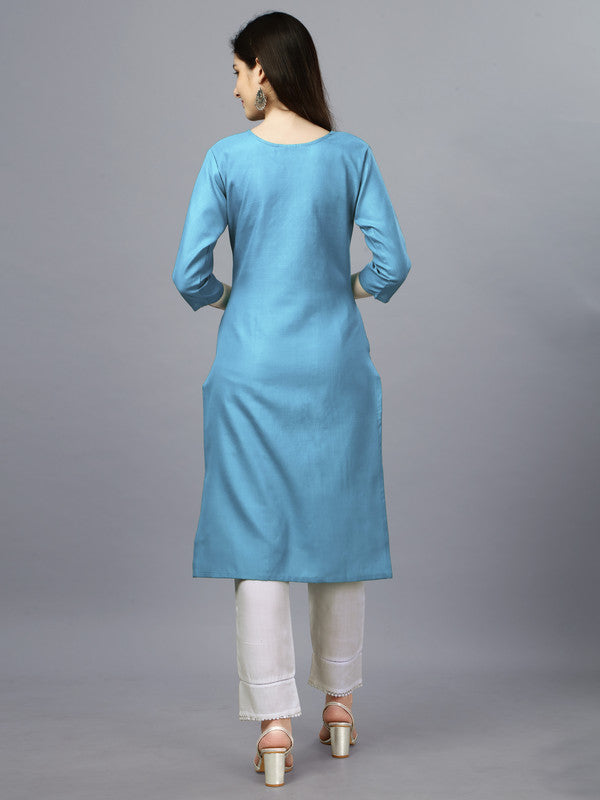 Malishka Women's Embroidered Straight Sky Blue Kurti - Distacart