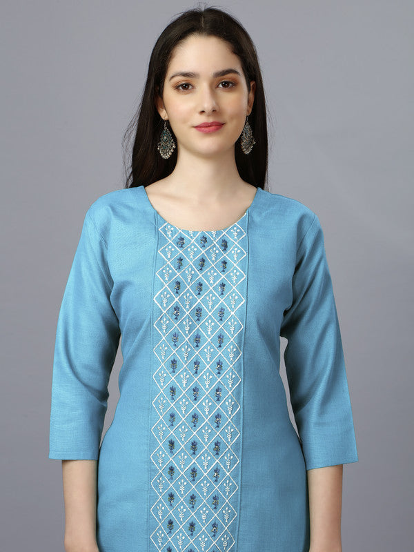 Malishka Women's Embroidered Straight Sky Blue Kurti - Distacart