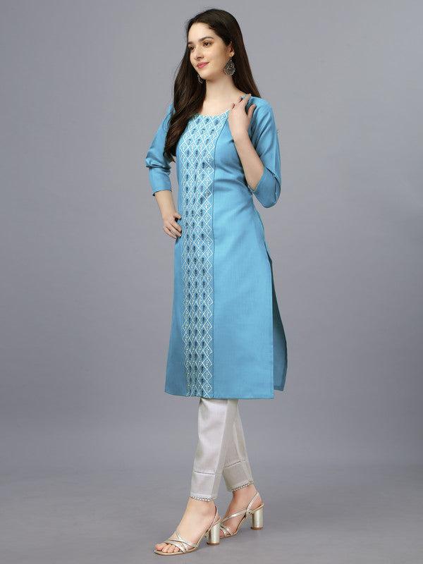 Malishka Women's Embroidered Straight Sky Blue Kurti - Distacart