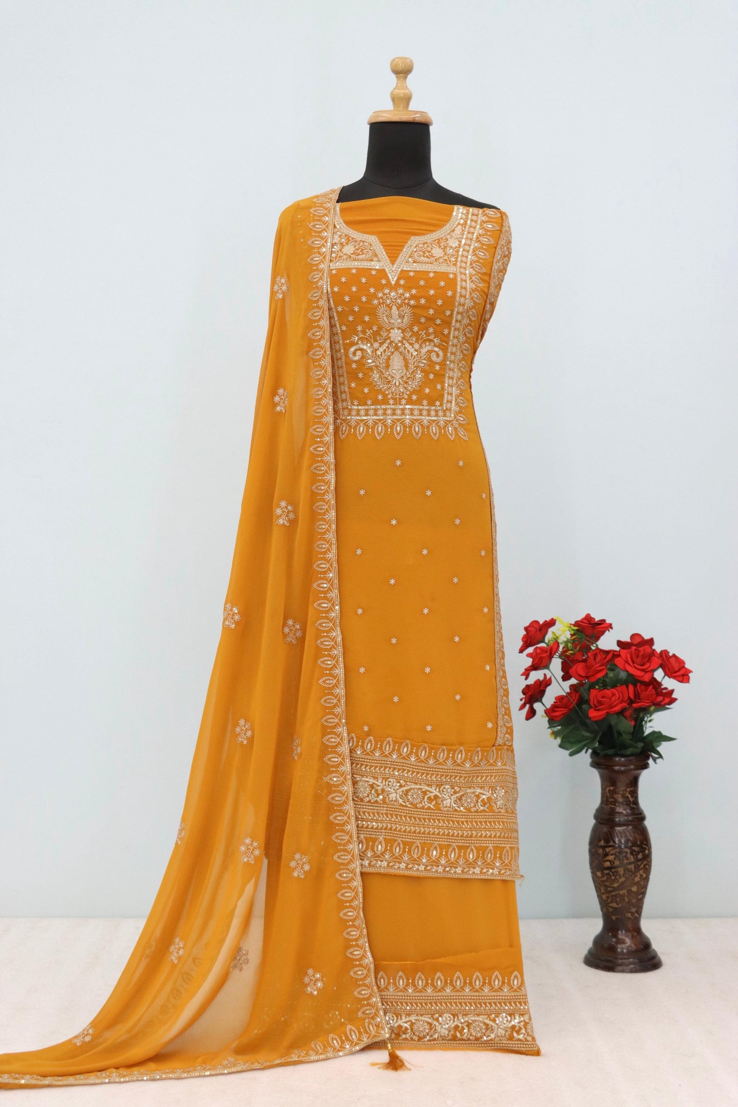 Anaita Mustard Premium Embroidered Georgette Salwar Suit - Distacart