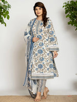 Thumbnail for Yufta Blue And Off White Cotton Pakistani Style Kurta Dupatta Set