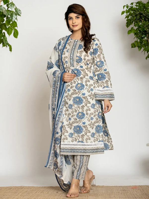 Yufta Blue And Off White Cotton Pakistani Style Kurta Dupatta Set