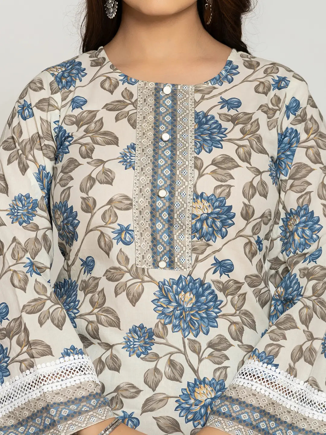 Yufta Blue And Off White Cotton Pakistani Style Kurta Dupatta Set