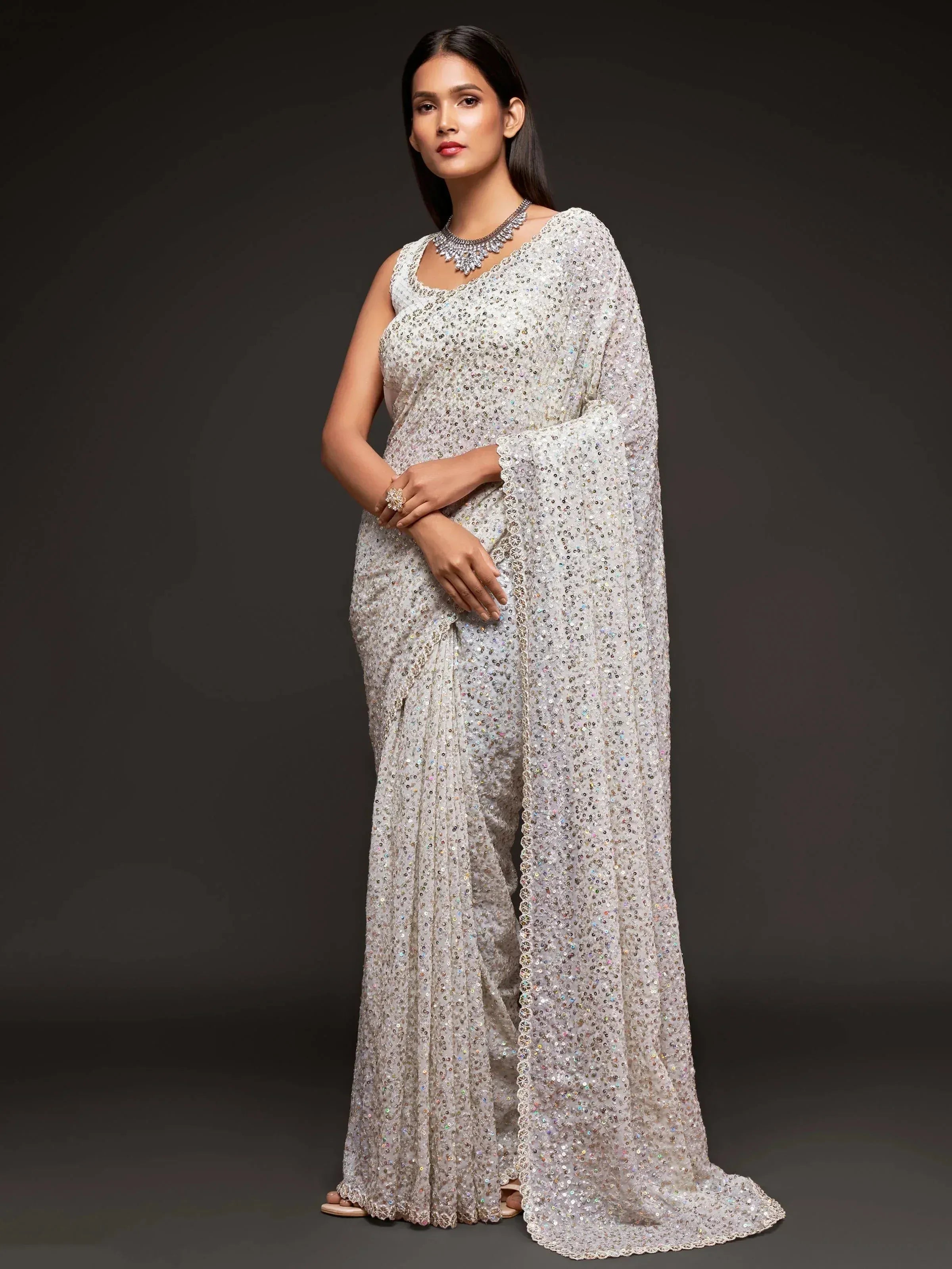 Tulsi Art Pearl White Fully Sequined Georgette Party Wear Saree - Dista