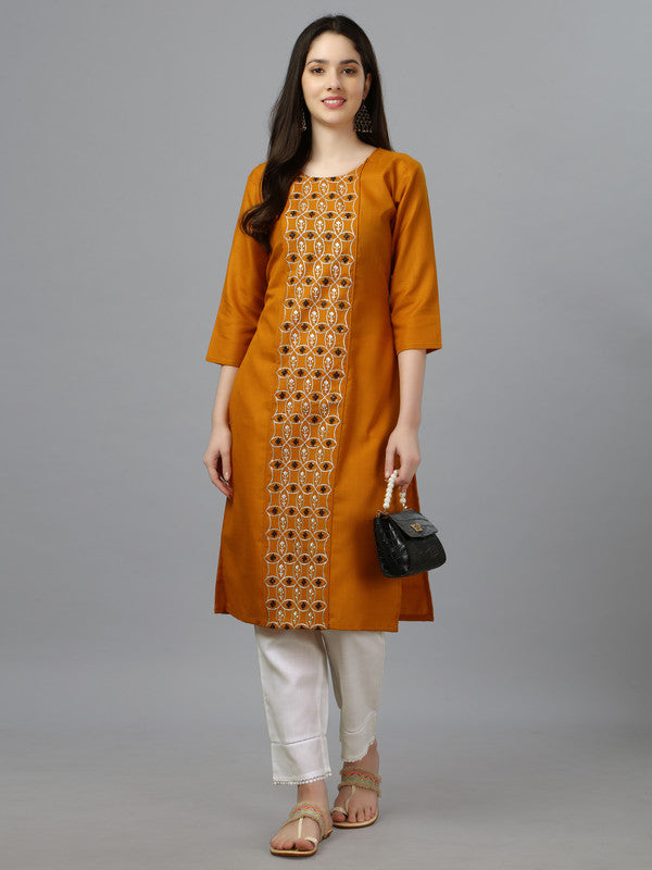 Malishka Women's Embroidered Straight Mustard Kurti - Distacart