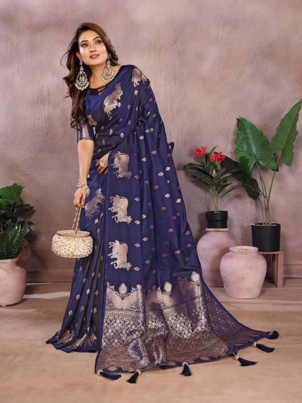 Anaita Dark Navy Blue Premium Banarasi Tissue Silk Saree With Gala Weaving Work - Distacart