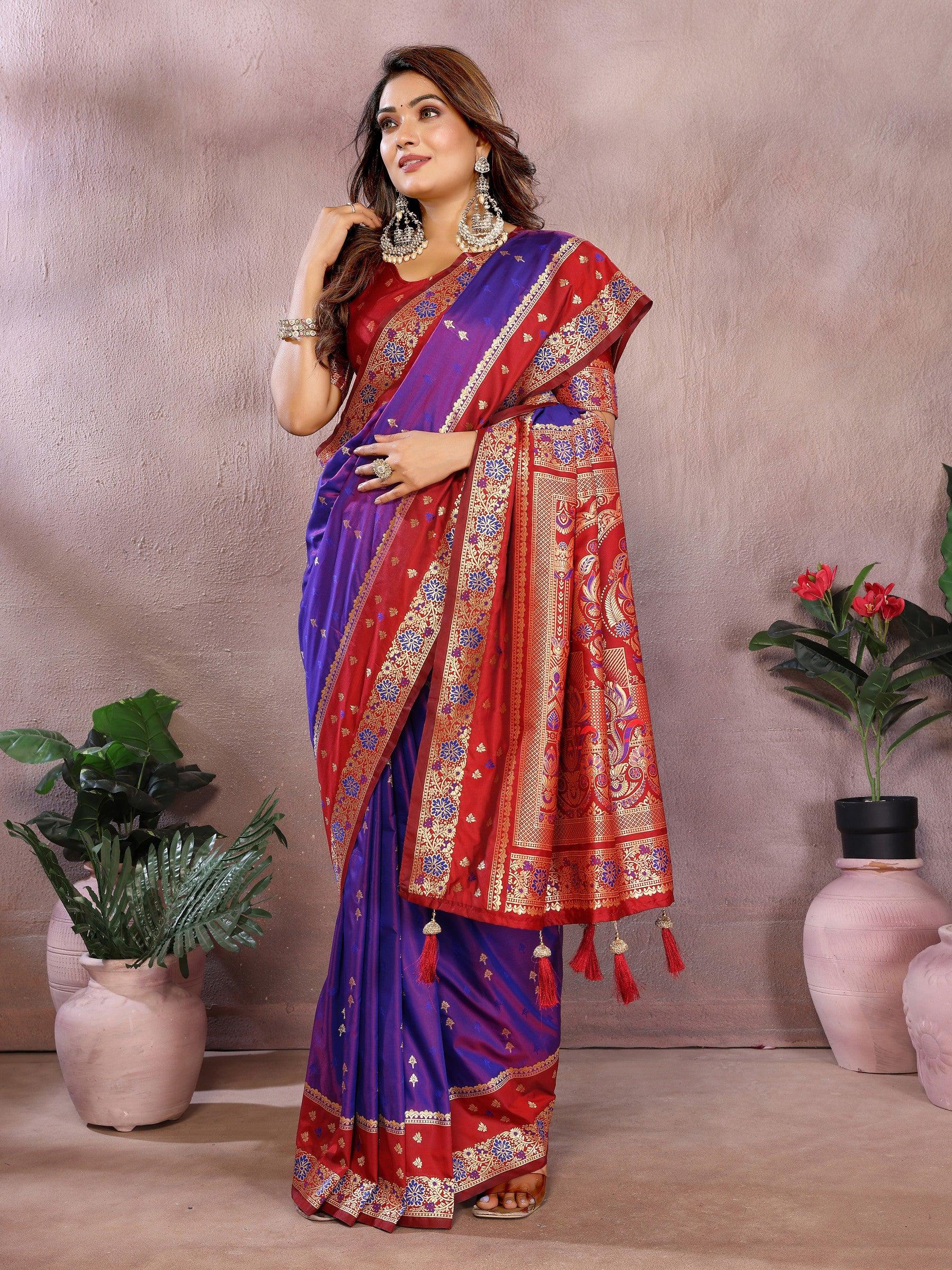 Anaita Violet Handloom Kalamkari Silk Saree With Zari Woven Work - Distacart