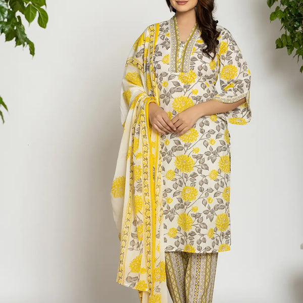 Yufta Yellow And Off White Cotton Pakistani Style Kurta Dupatta Set - Distacart