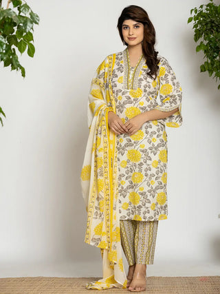 Yufta Yellow And Off White Cotton Pakistani Style Kurta Dupatta Set