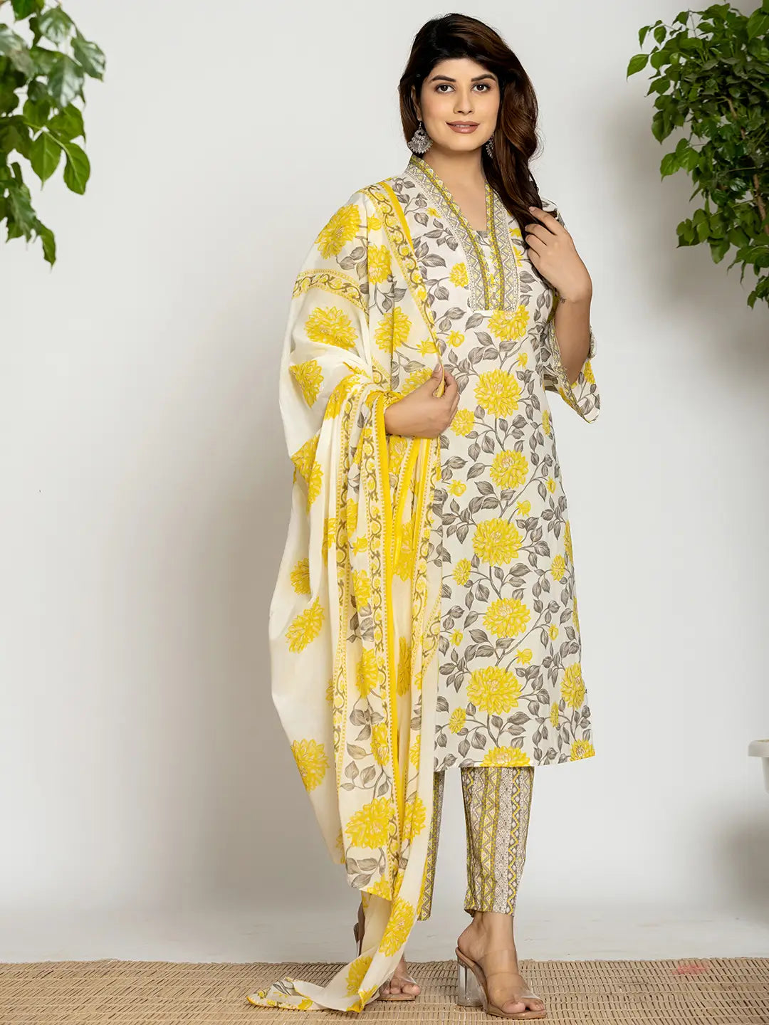 Yufta Yellow And Off White Cotton Pakistani Style Kurta Dupatta Set - Distacart