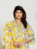 Thumbnail for Yufta Yellow And Off White Cotton Pakistani Style Kurta Dupatta Set