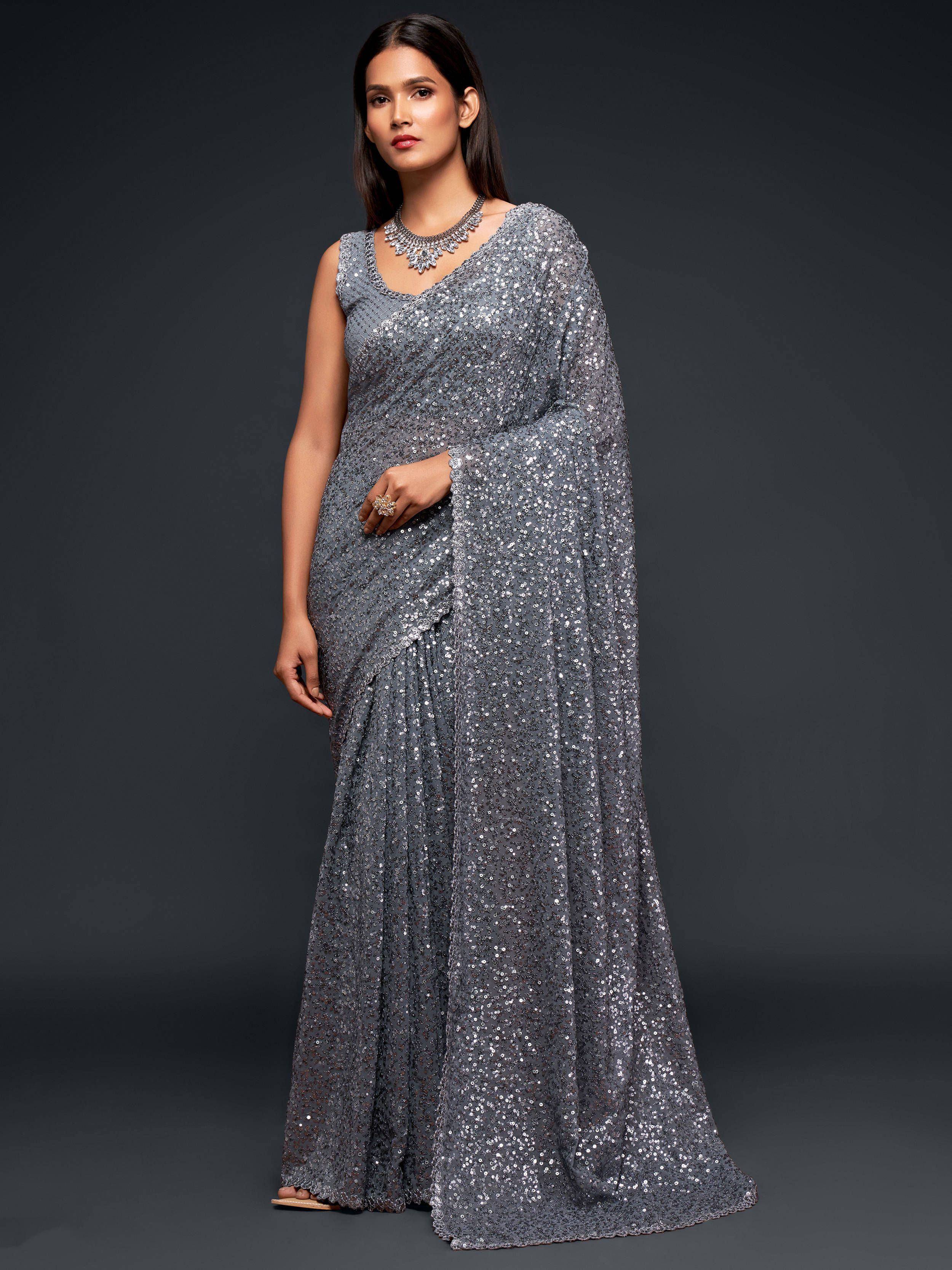 Tulsi Art Grey Fully Sequined Georgette Party Wear Saree - Dista