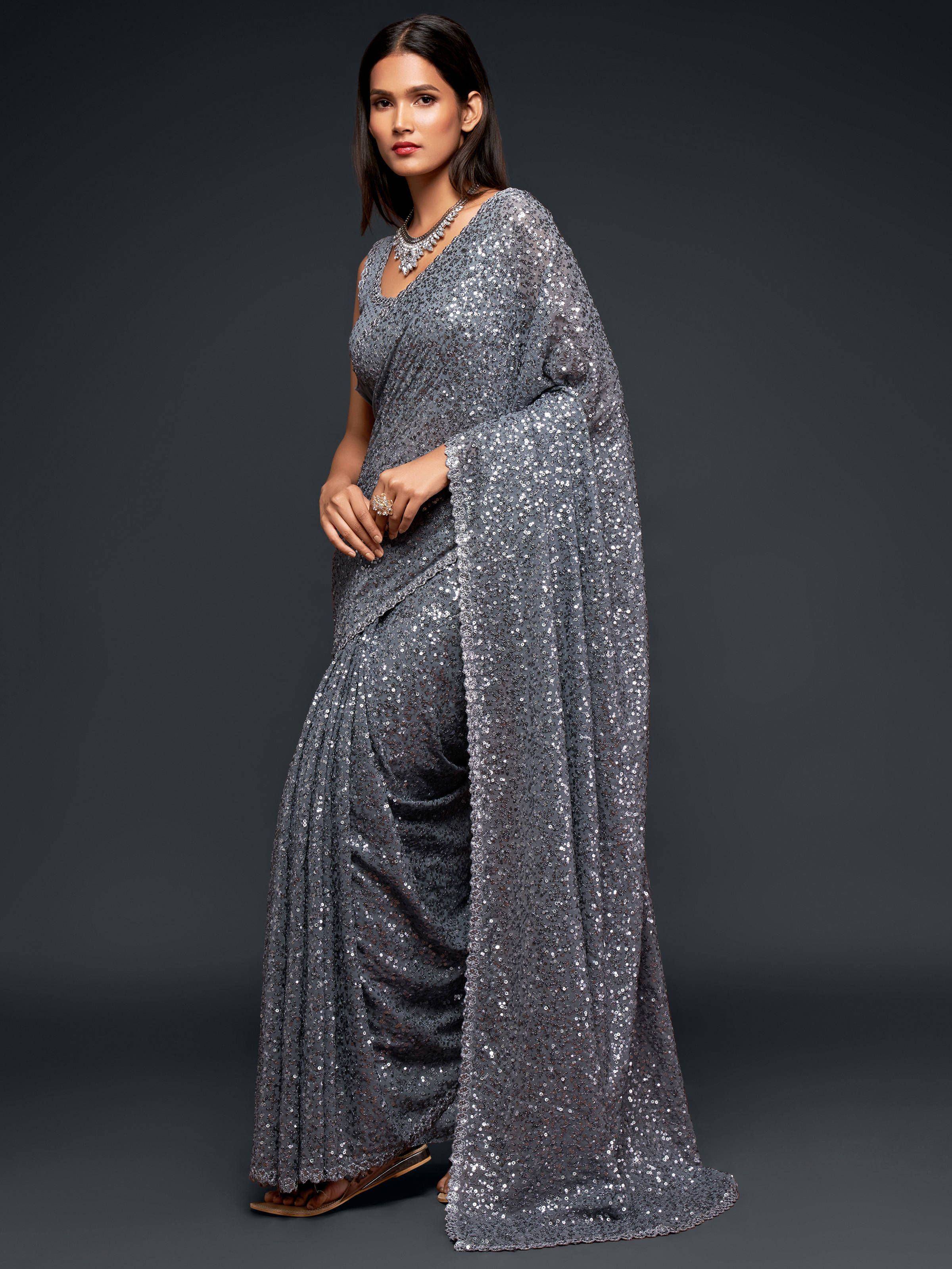 Tulsi Art Grey Fully Sequined Georgette Party Wear Saree