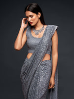 Thumbnail for Tulsi Art Grey Fully Sequined Georgette Party Wear Saree