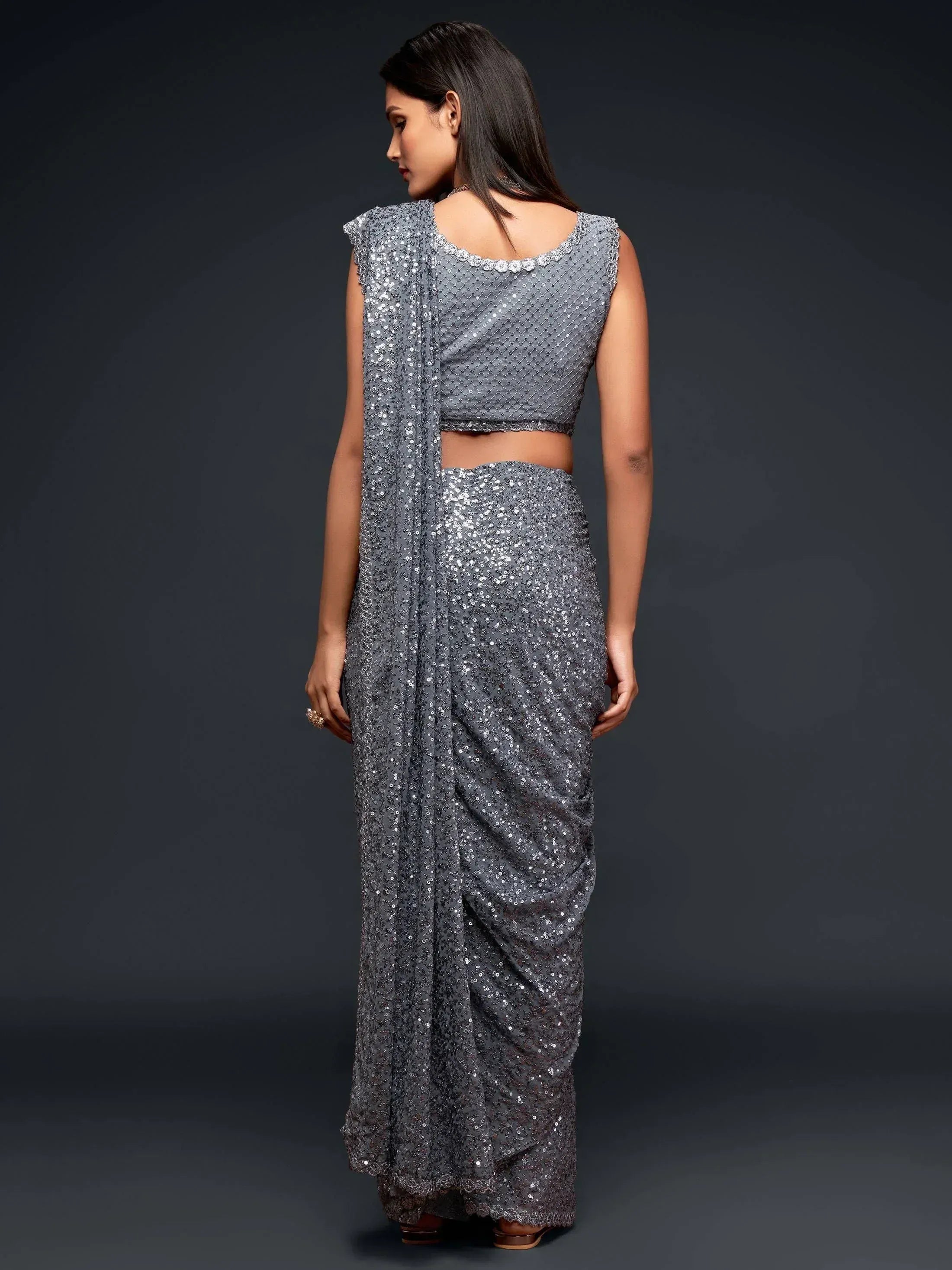 Tulsi Art Grey Fully Sequined Georgette Party Wear Saree