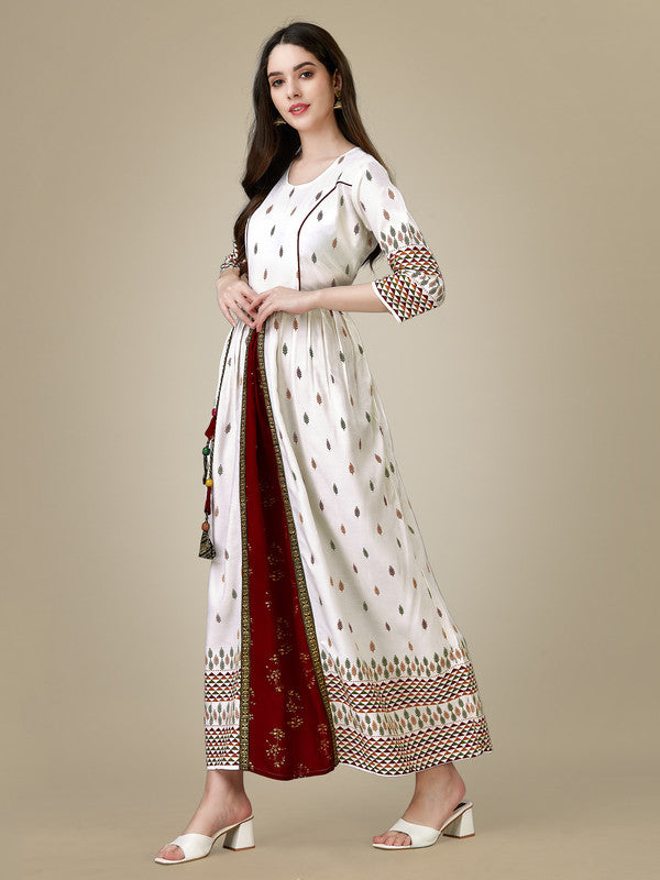 Malishka Women's White Printed Rayon Anarkali Gown - Distacart