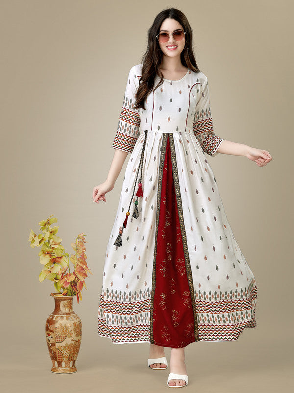 Malishka Women's White Printed Rayon Anarkali Gown - Distacart