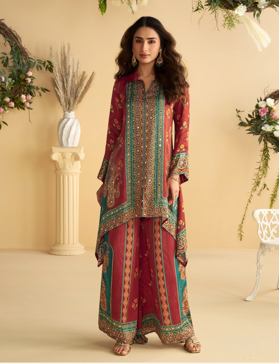 Anaita Red Real Premium Digital Crepe Silk Readymade Cord Set With Mirror Work - Distacart