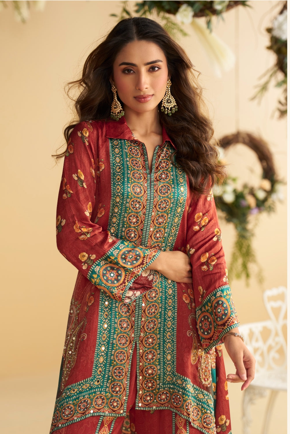 Anaita Red Real Premium Digital Crepe Silk Readymade Cord Set With Mirror Work - Distacart