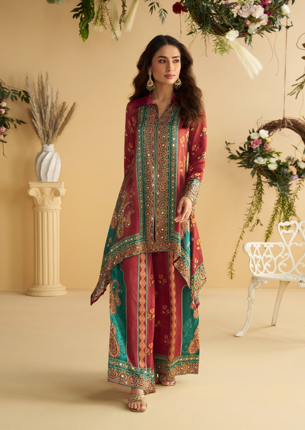Anaita Red Real Premium Digital Crepe Silk Readymade Cord Set With Mirror Work - Distacart