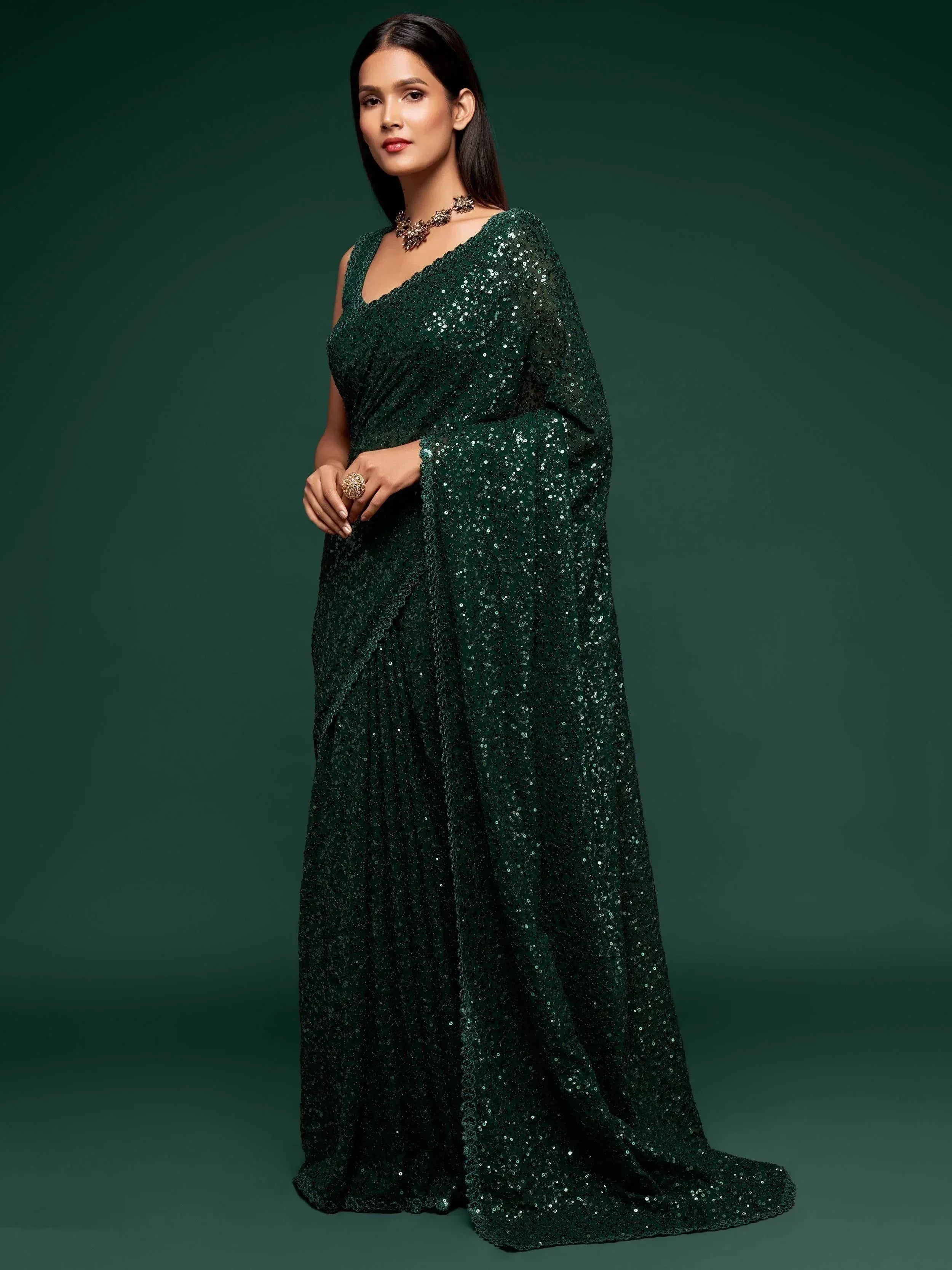 Tulsi Art Bottle Green Fully Sequined Georgette Party Wear Saree - Dista