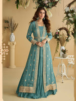 Thumbnail for Anaita Blue Chinon Anarkali Readymade Suit with Embroidery & Sequence Work - Dista