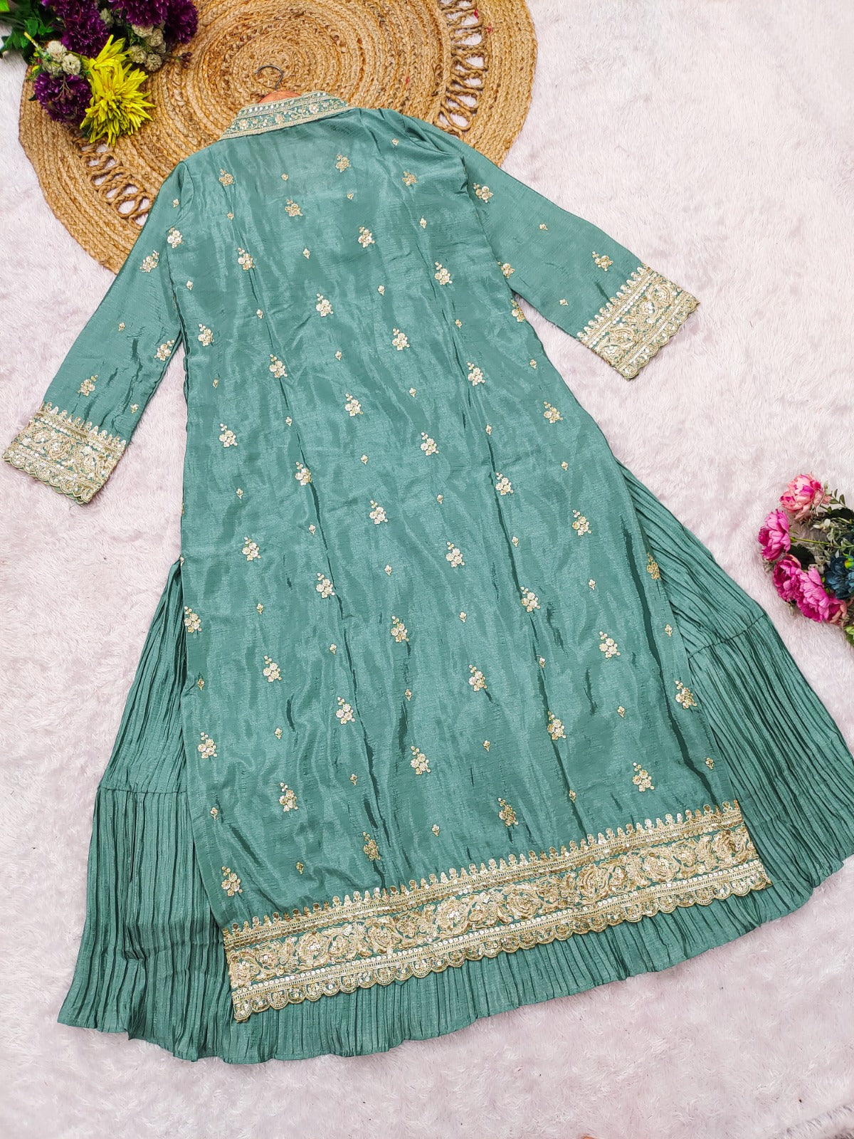 Anaita Blue Chinon Anarkali Readymade Suit with Embroidery & Sequence Work - Dista