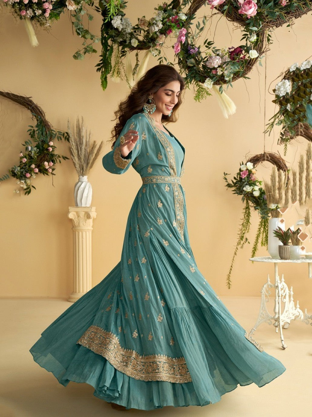Anaita Blue Chinon Anarkali Readymade Suit with Embroidery & Sequence Work - Dista