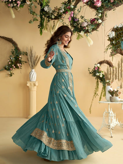 Anaita Blue Chinon Anarkali Readymade Suit with Embroidery & Sequence Work - Dista