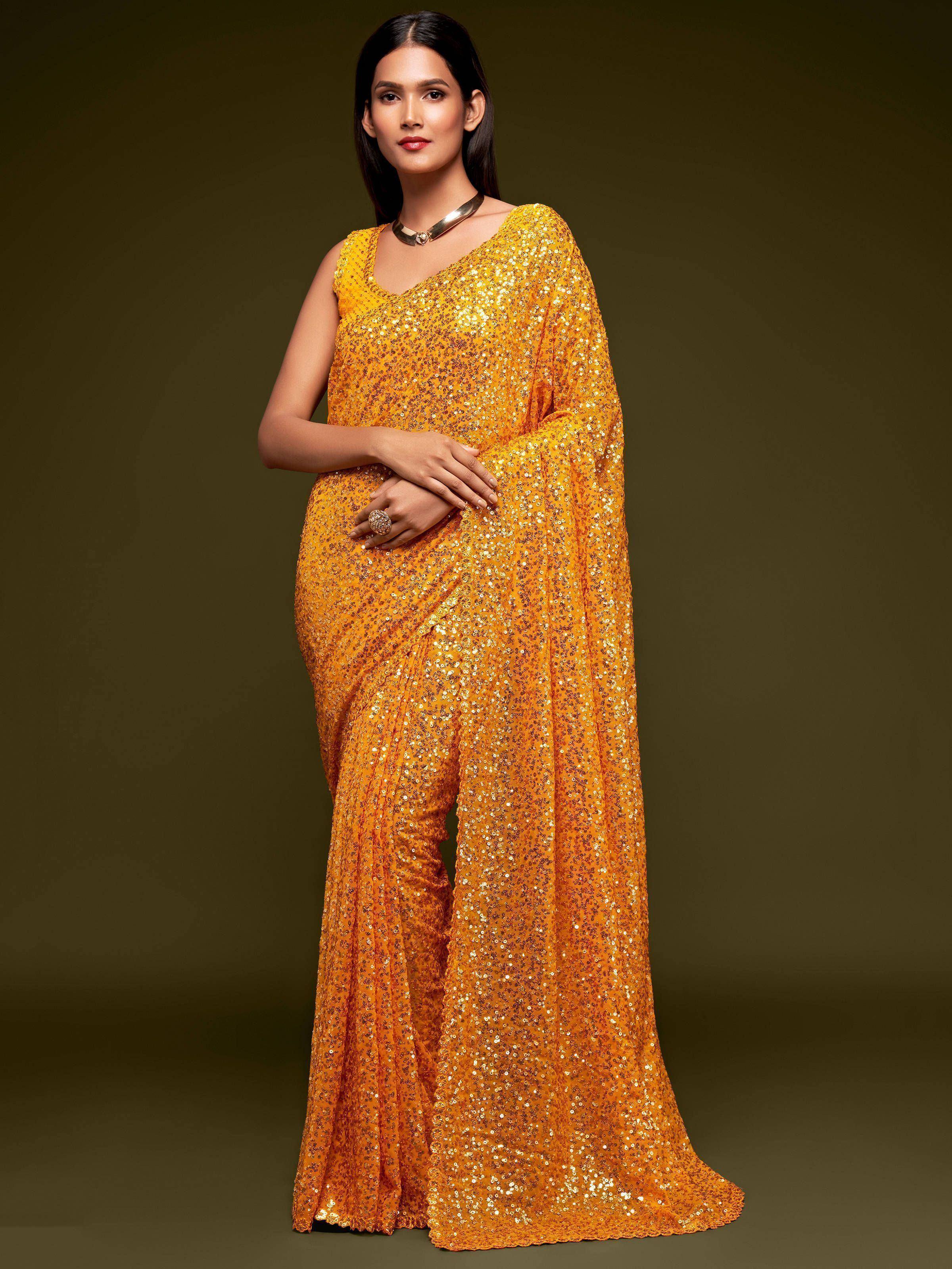 Tulsi Art Yellow Fully Sequined Georgette Party Wear Saree - Dista