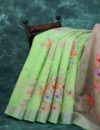 Baby Apple Green Colour Floral Printed Semi Chanderi Saree By Gayathri Reddy Designer Studio - Distacart