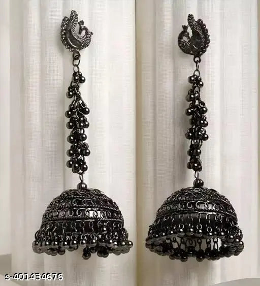 Tehzeeb Creations Women's Black Colour Oxidised Peacock Design Earrings - Distacart