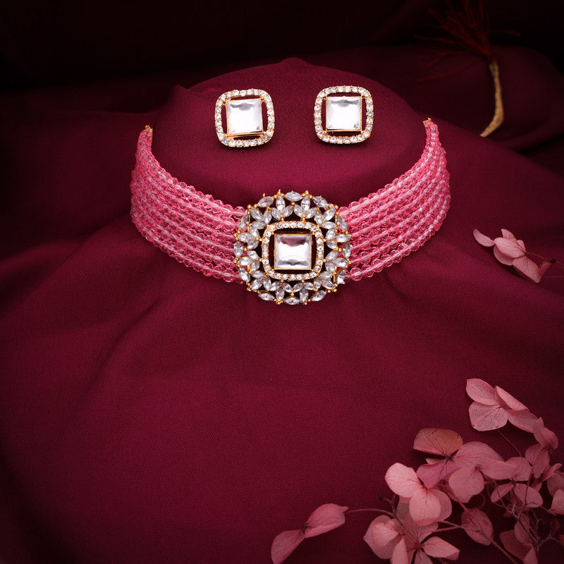 Tehzeeb Creations Brass Gold-Polished Gold, Pink, White Jewel Set - Distacart