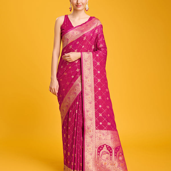 Monjolika Fashion Blushing Magenta Banarasi Satin Zari Woven Work Enhanced Elegance Silk Saree - Distacart