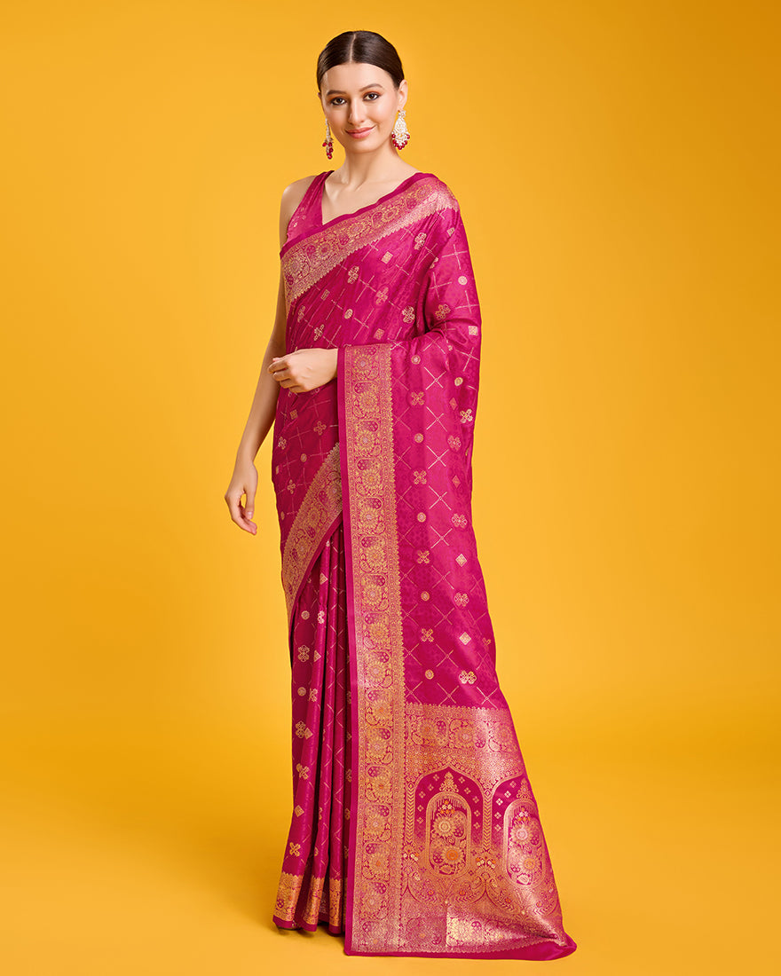 Monjolika Fashion Blushing Magenta Banarasi Satin Zari Woven Work Enhanced Elegance Silk Saree - Distacart