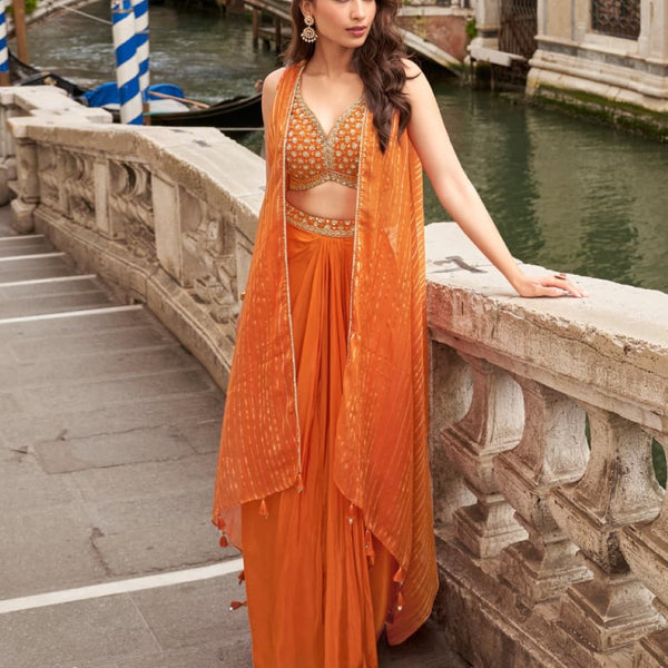 Anaita Orange Chinon Silk Stitched Shrug Suit With Embroidery Sequence Work - Distacart