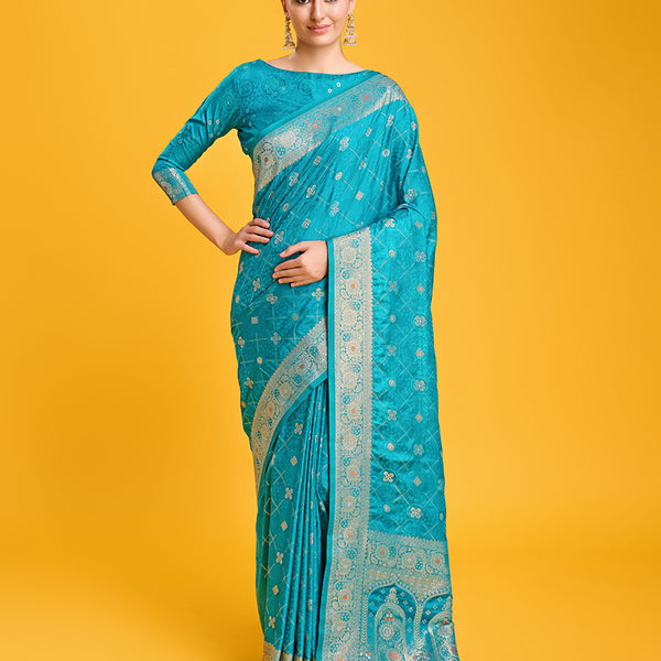 Monjolika Fashion Blushing Cyan Color Banarasi Satin Zari Woven Work Enhanced Elegance Silk Saree - Distacart
