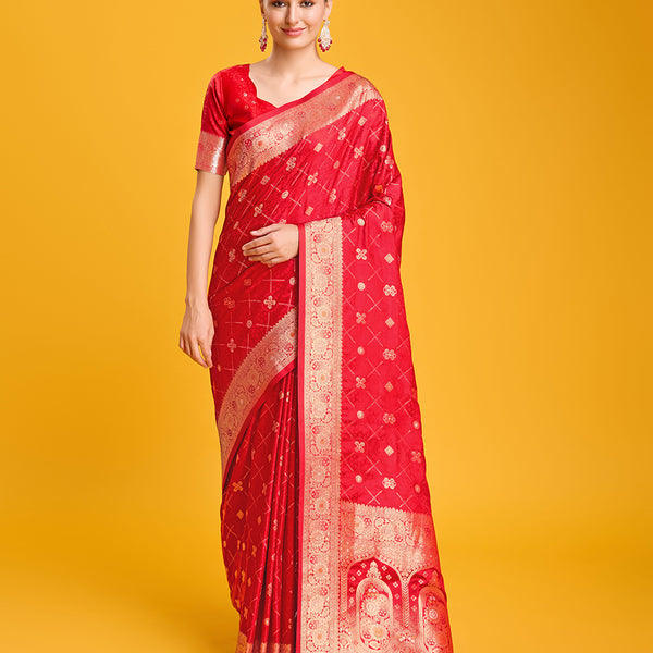 Monjolika Fashion Blushing Red Banarasi Satin Zari Woven Work Enhanced Elegance Silk Saree - Distacart