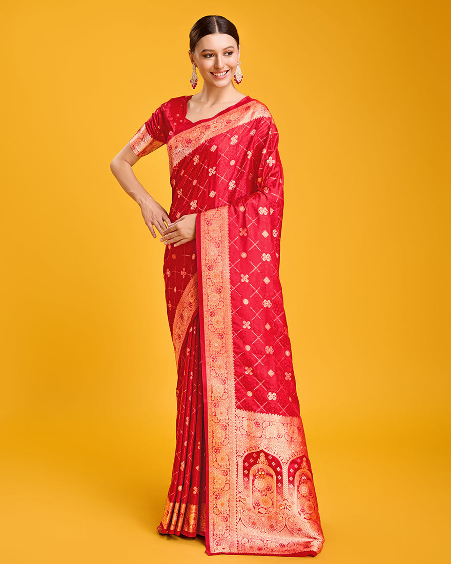 Monjolika Fashion Blushing Red Banarasi Satin Zari Woven Work Enhanced Elegance Silk Saree - Distacart