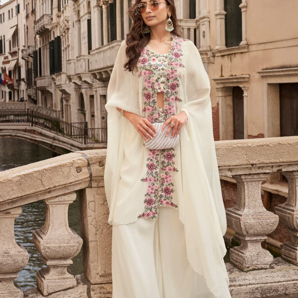 Anaita White Chinon Silk Stitched Shrug Suit With Embroidery Sequence Work - Distacart