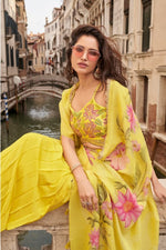 Thumbnail for Anaita Yellow Chinon Silk Stitched Shrug Suit With Embroidery Sequence Work - Distacart